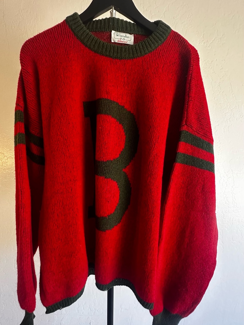 Vintage United Colors Of Benetton Red Crew Sweater with Green 'B' Motif